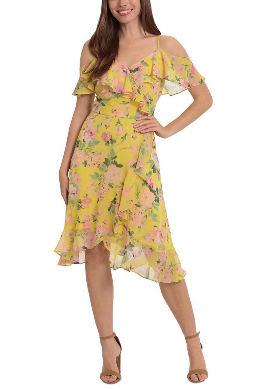 NEW LONDON TIMES floral flutter off-the-shoulder dress in yellow pink